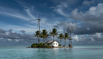 Naklejka premium Tropical Island Scene with Windmills and Palm Trees Under Dramatic Sky