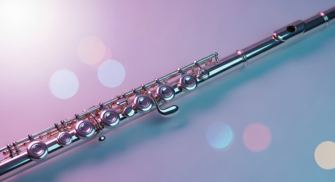 A silver transverse flute rests on a soft pastel background with dreamy bokeh and gentle light reflecting beautifully off polished metal, modern, symphony, atmospheric