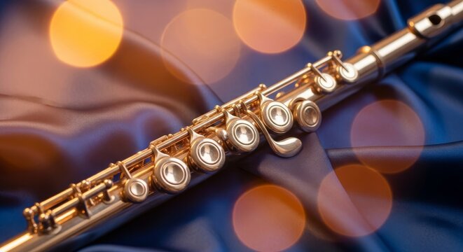 A silver transverse flute rests on soft silk fabric with a dreamy bokeh background, glowing with warm light and gentle out-of-focus blurs, art, atmosphere, music