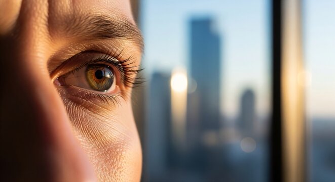 Close-up of a human eye looking out a window at a blurred cityscape du