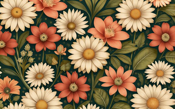 Vibrant flowers and lush leaves in a colorful nature-inspired pattern.