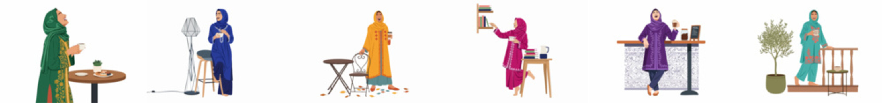 Collection of diverse Muslim women in hijabs enjoying coffee and lifestyle activities, illustrated in a flat vector style on a white background.