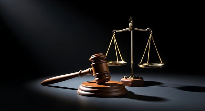 Gavel and scales of justice illuminated by spotlight on dark background with dramatic shadows, cinematic legal concept highlighting authority, balance, and high contrast symbolism.