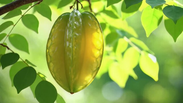 Closeup of a ripe star fruit hanging from a tree branch with green leaves.