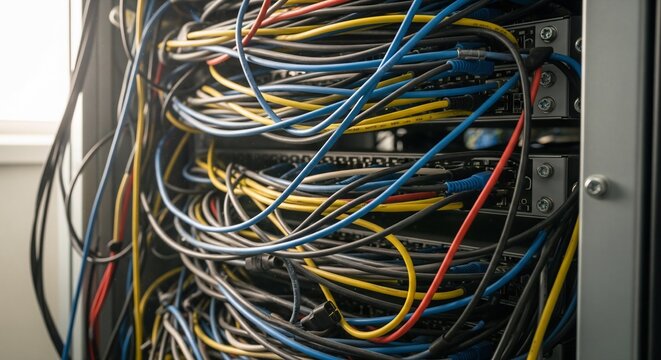Close-up of a tangled mess of colorful network cables blue yellow and