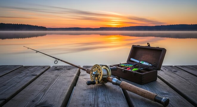 A vintage fishing rod and wooden tackle box sit on a rustic pier beside a calm lake at sunrise, reflecting a peaceful outdoor adventure, nature, activity, box