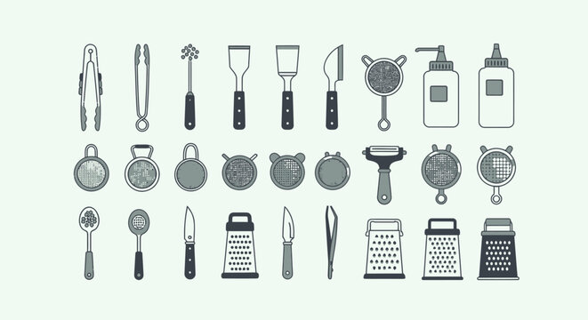 Extensive collection of diverse kitchen utensils and cooking tools neatly arranged on a bright studio background.