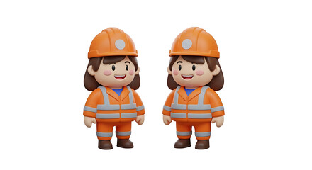 Fototapeta premium Two cartoon female construction workers wearing hard hats and safety vests, isolated on white background, ready for industrial projects