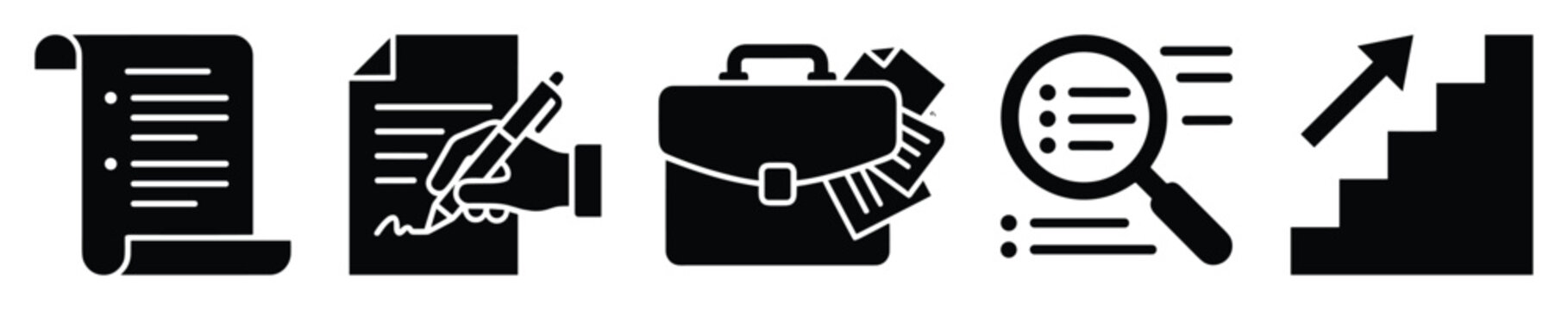 Business process icons for planning, signing, managing, analyzing, and growing in corporate environments