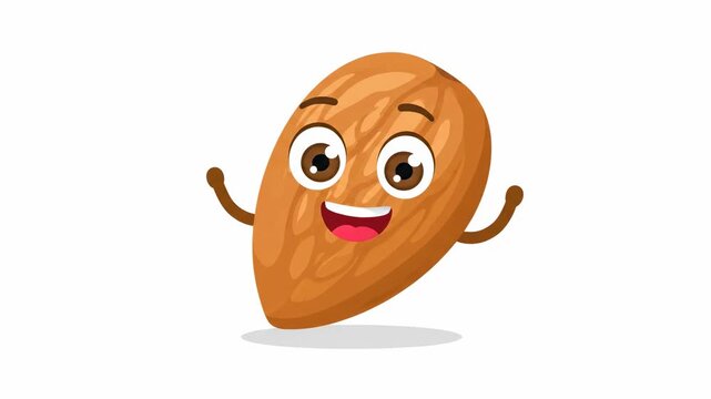 An illustrated, cheerful almond character with closed eyes, a wide smile, and a shadow beneath it. The background is pure white