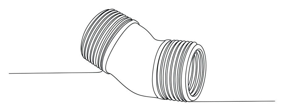 Continuous line drawing of a metal pipe fitting connector with threads, ideal for plumbing industry and construction applications