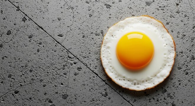 Vibrant yellow yolk and white edges of a fried egg contrast against a coarse, gray textured concrete backdrop with a stark, modern angle, bright, gray, texture