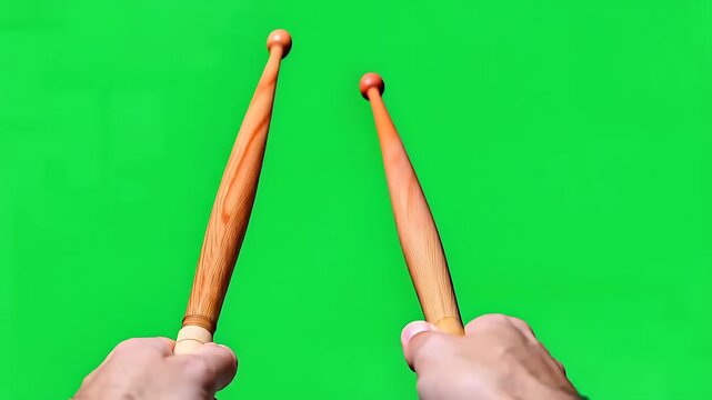 Hands holding wooden drumsticks on green screen background, ready for rhythmic music performance