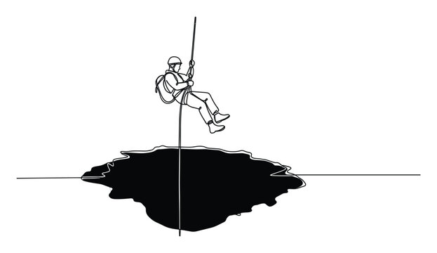 Person rappelling into a dark cavern continuous line drawing symbolizing adventure and exploration for conceptual graphics