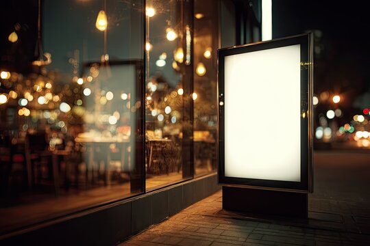 Empty glowing sign stands beside a shop window reflecting warm interior lights at night