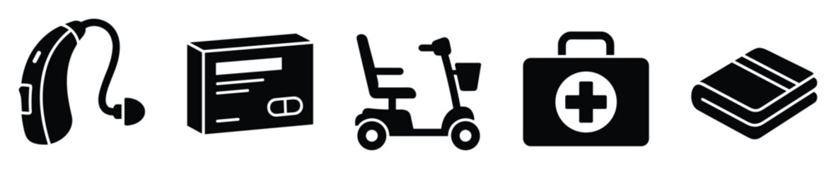Fototapeta premium Health and care product glyph icons including medical kit, prescription drug, hearing aid, and mobility scooter for various applications