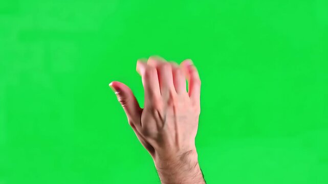 Human hand waving or gesturing against a bright green screen background, isolated for chroma key compositing and digital projects.