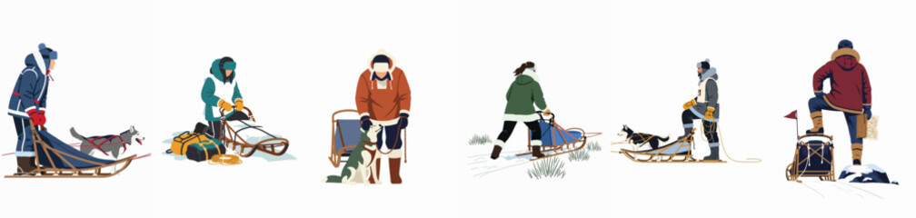 Collection of flat vector illustrations depicting people and dogs participating in winter dog sledding activities and arctic exploration in a snowy environment. © Limo