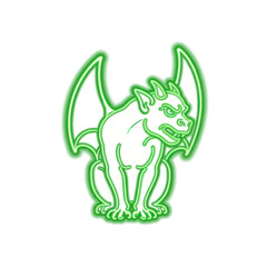 Fototapeta premium Green Neon Gargoyle Outline, Fantasy Creature, Medieval Guardian, Mystical Symbol