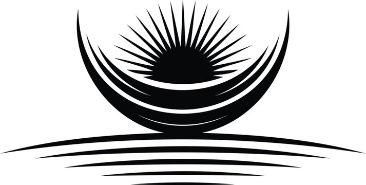 Black sun rising over calm water with ripples at sunrise