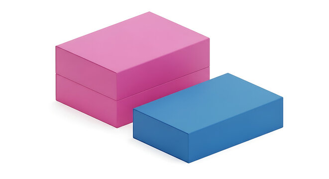 Two isometric blocks, one pink stacked box and one blue rectangular prism, isolated on white, representing size difference and packaging
