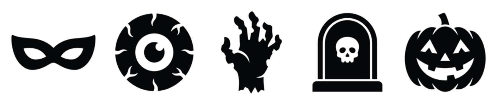 Spooky Halloween icon set featuring masquerade mask scary eyeball zombie hand tombstone and jackolantern for seasonal celebration