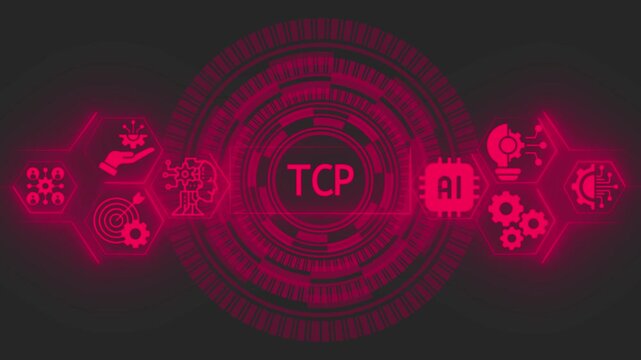 Red digital interface featuring the text tcp surrounded by glowing circular patterns and hexagonal representing artificial intelligence and network connectivity concepts