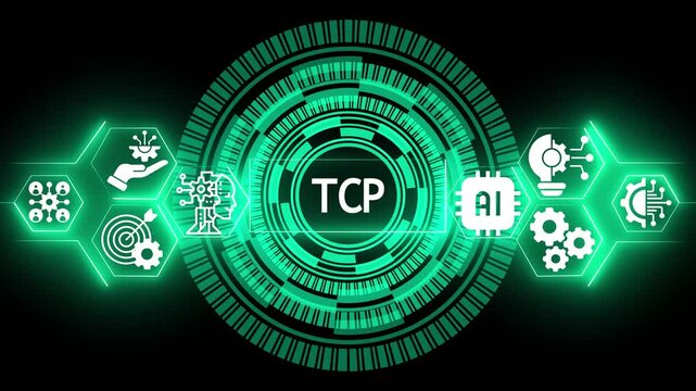 Green digital interface featuring the text tcp surrounded by glowing circular patterns and hexagonal representing artificial intelligence and network connectivity concepts