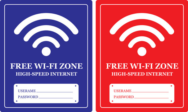 ree Wi-Fi zone sign set with high speed internet connection labels.Wi-Fi hotspot stickers with username and password login fields.