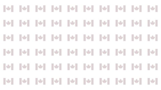 Grey Canada flag pictograms bounce into position in a full grid. Useful for neutral backgrounds, subtle motion graphics, and understated Canada-themed content.