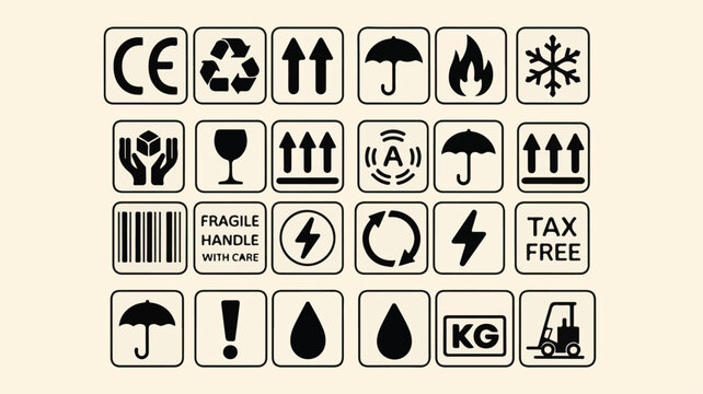 Black and white shipping symbols collection CE mark recycle symbol