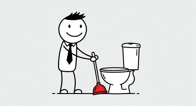 Unclogging a Toilet Bowl with a Red Plunger Stick Figure Illustration of a Man Resolving a Blockage