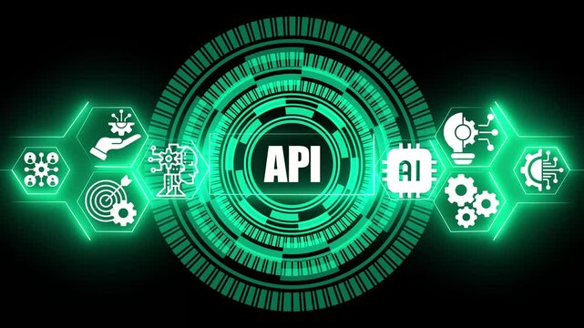 Green digital interface featuring the text api surrounded by glowing circular patterns and hexagonal representing artificial intelligence and network connectivity concepts