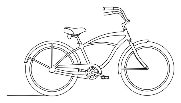 Minimalist black line depiction of a casual cruiser bicycle suitable for travel agency promotions and healthy lifestyle campaign visuals