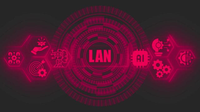 Red digital interface featuring the text lan surrounded by glowing circular patterns and hexagonal representing artificial intelligence and network connectivity concepts