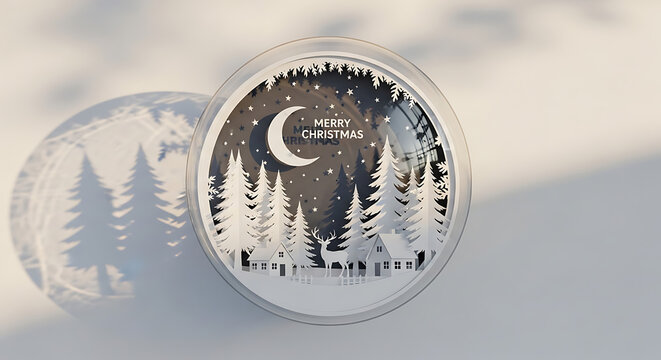Winter scene inside a snow globe, featuring pine trees, a crescent moon and stars, small houses, and a deer silhouette, cast in shadow on a soft background.