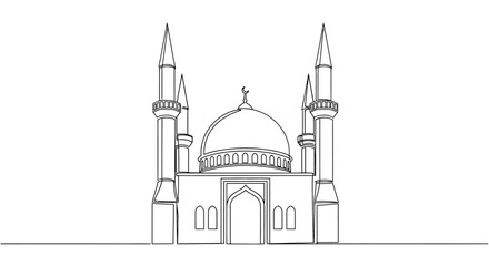 Fototapeta premium Minimalist Line Art Illustration of a Grand Mosque with Minarets and Dome