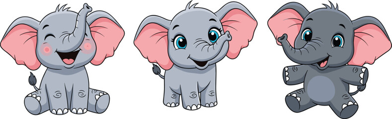 Naklejka premium Vector Set of 3 Cute Cartoon Baby Elephants with Different Poses and Expressions, Ideal for Children’s Illustrations and Animal Designs