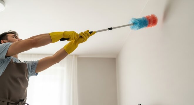 He uses a long  duster to clean the dust off the wall
