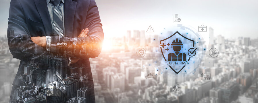 Concept of occupational health and safety. A 'Safety First' policy ensures worker protection through training, risk prevention, and adherence to workplace safety standards. Fermion