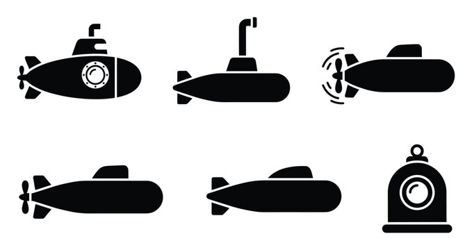 Collection of simple black submarine icons for underwater exploration and military web graphic applications
