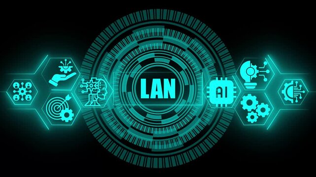 Cyan digital interface featuring the text lan surrounded by glowing circular patterns and hexagonal representing artificial intelligence and network connectivity concepts