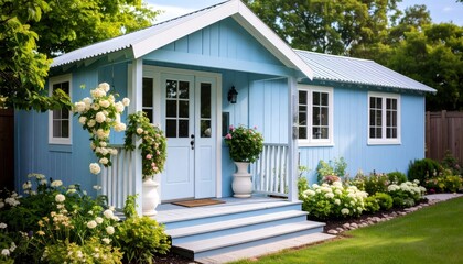 Fototapeta premium Charming blue house with white porch, blooming flowers, and green lawn in a sunny garden.