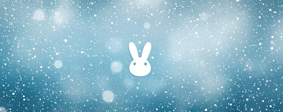 Cute white bunny silhouette on a soft blue background with falling snow and bokeh