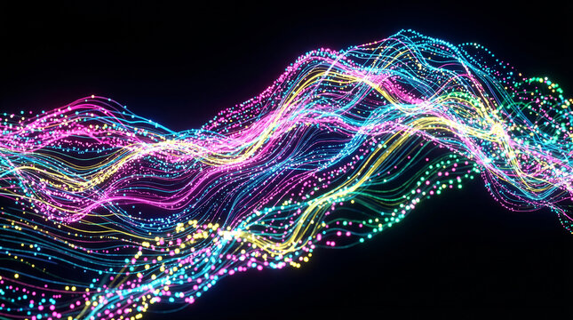 Flowing colorful digital particle wave perfect for audio frequency concepts dynamic data visualization creative energy movement and modern technology