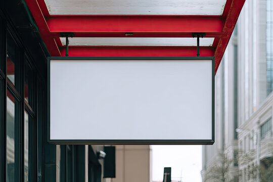 Bright, blank white rectangular sign hanging from a vibrant red awning on a city street