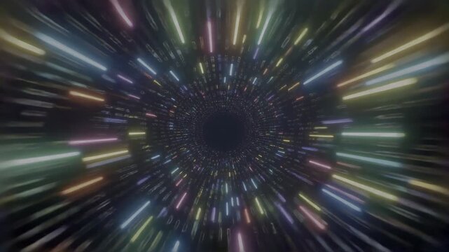 Quantum Leap: A visually stunning depiction of the cosmos, with streams of vibrant light converge toward a central black hole, representing the endless frontiers of time and space.