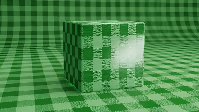 Abstract Green Checkered Cube on a Warped Grid Background.