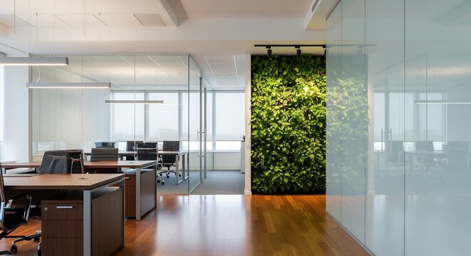 Contemporary office interior with glass partitions wooden desks modern chairs and a vibrant living green wall accent workplace business living wall plants nature office design