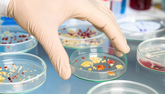 Scientist Handling Petri Dishes with Microorganisms in Laboratory.